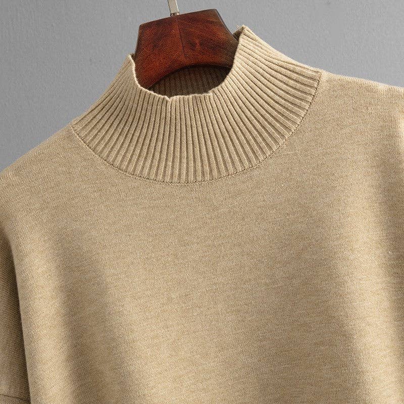 Solid Knit Mock Neck Slit Sweater Pants Set Khaki (One Size)