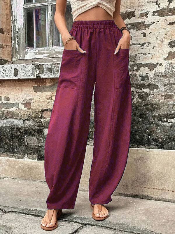 Loose Elasticity Pockets Solid Color Pants