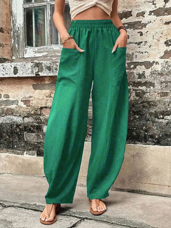 Loose Elasticity Pockets Solid Color Pants