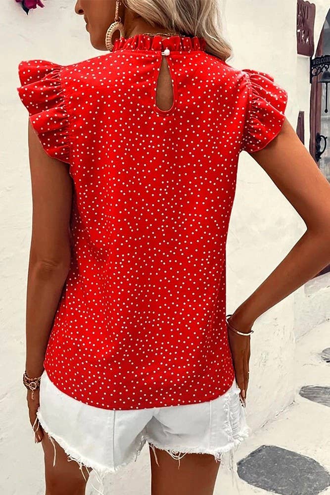 Summer Polka Dot Ruffle Sleeves Round Neck Top GSS107 | Black / L