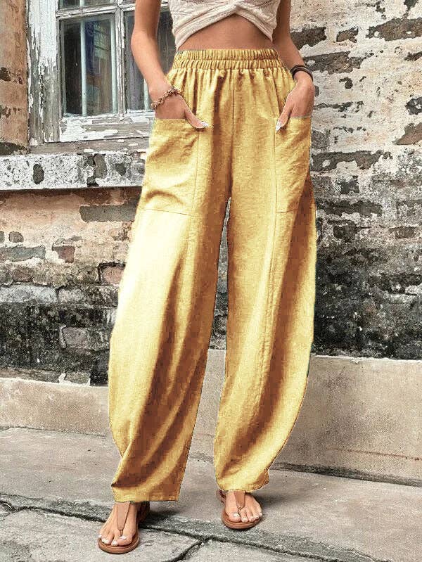 Loose Elasticity Pockets Solid Color Pants