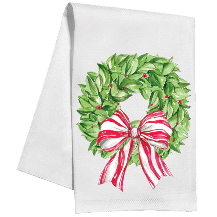 Christmas Berries Wreath with Red Striped Bow Kitchen Towel