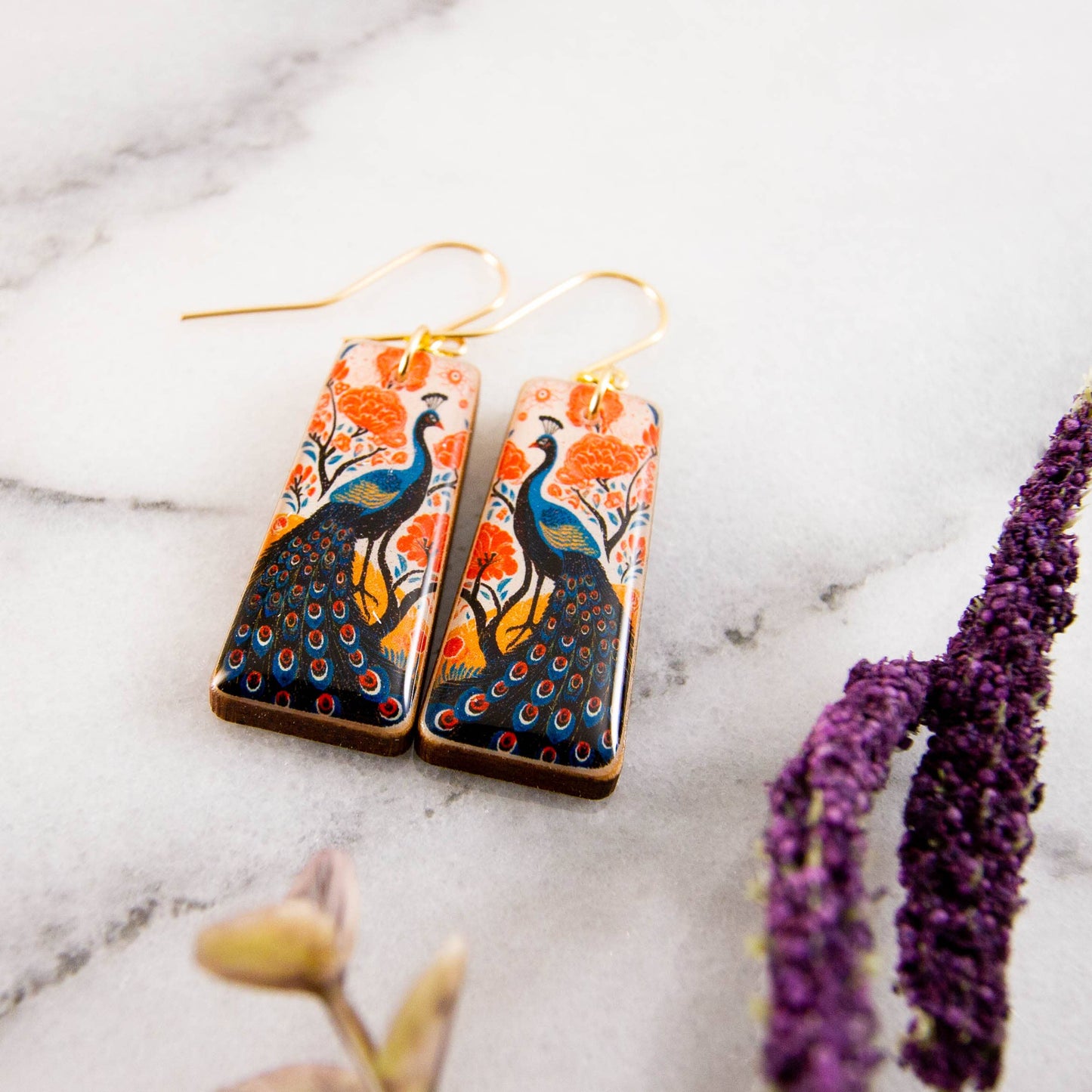 No Man's Land - Retro Peacock Garden Tapered Rectangle Earrings