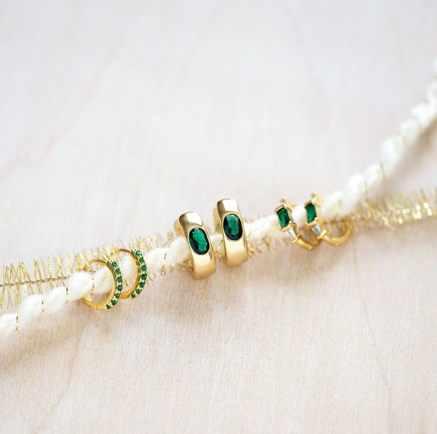 Amano Studio - Emerald Green + Crystal Baguette Huggie Hoop Earrings