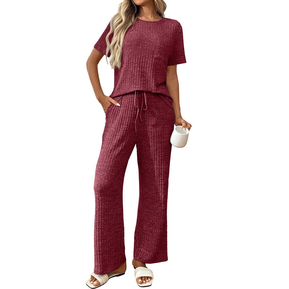 Lovesoft - Ribbed Knit Lounge Set with Short Sleeve Top and Pants