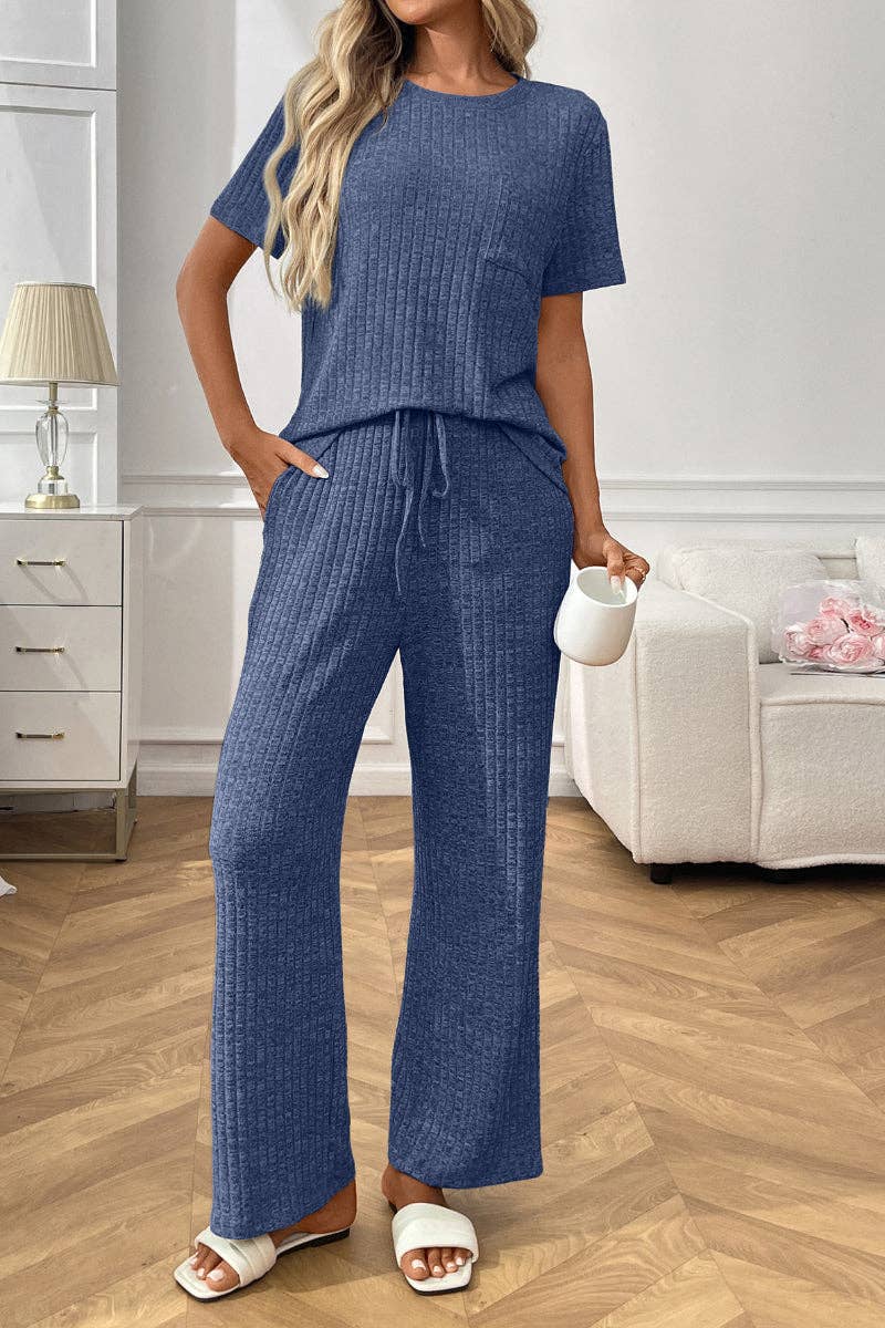 Lovesoft - Ribbed Knit Lounge Set with Short Sleeve Top and Pants
