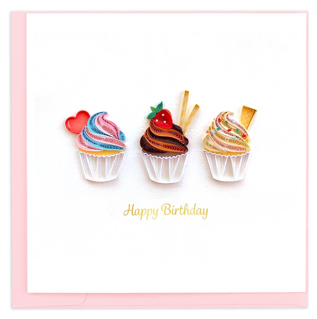 Quilling Card - Quilled Cupcake Trio Birthday Card | Handmade Birthday Card