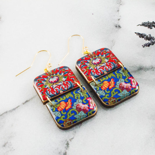 No Man's Land -Red + Blue Chinese Motif Rectangle Earrings