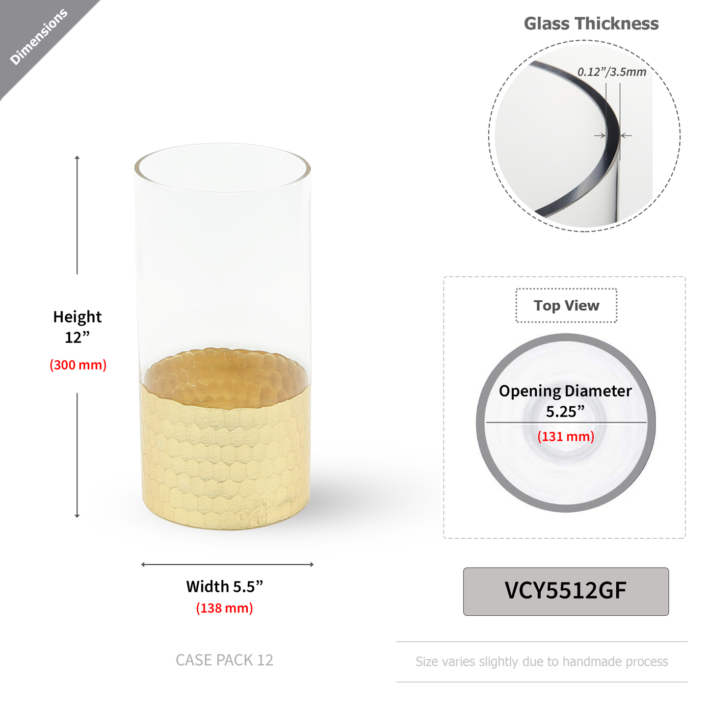 WGV International - WGV Cylinder Glass Vase With Gold Honeycomb Base- 12"H