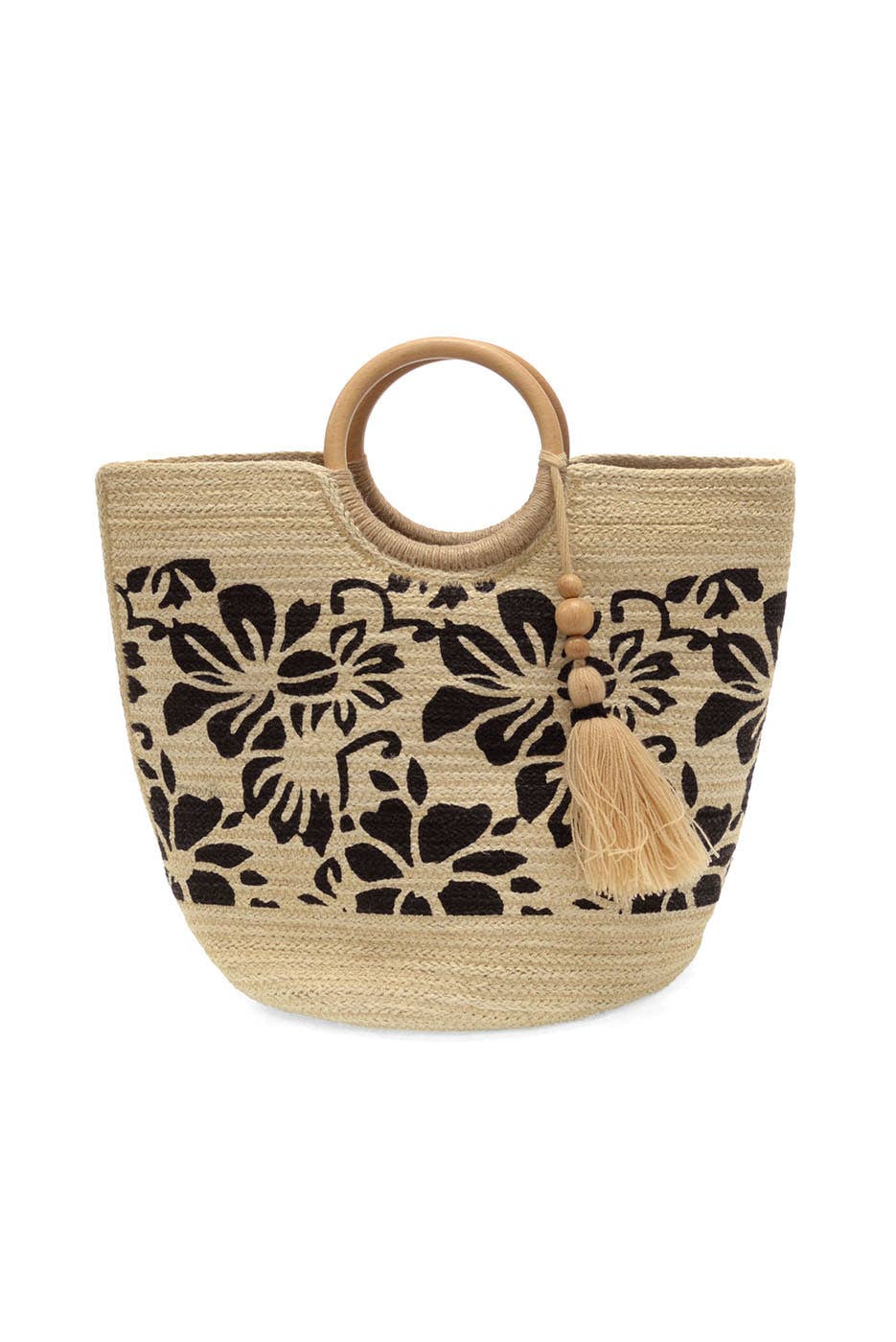 Black Painted Tropical Floral Lydia Wood Handle Jute Tote w/ Wood Bead Tassel
