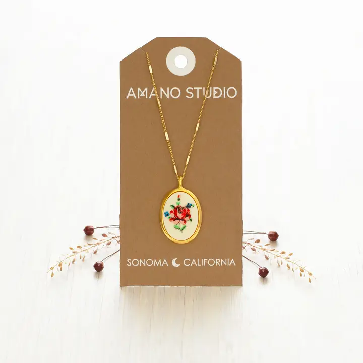Needlepoint Pink Flower Vintage Cameo Necklace