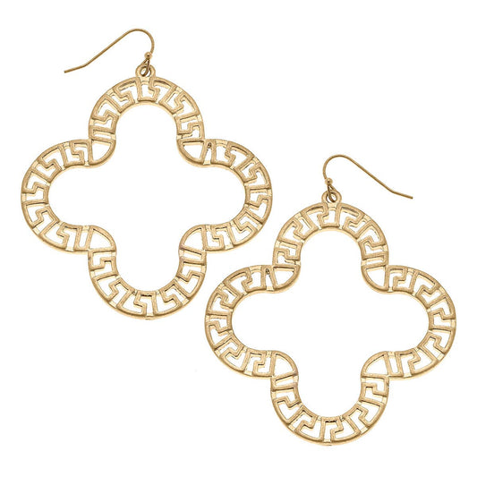 Melissa Greek Keys Clover Statement Earrings in Worn Gold