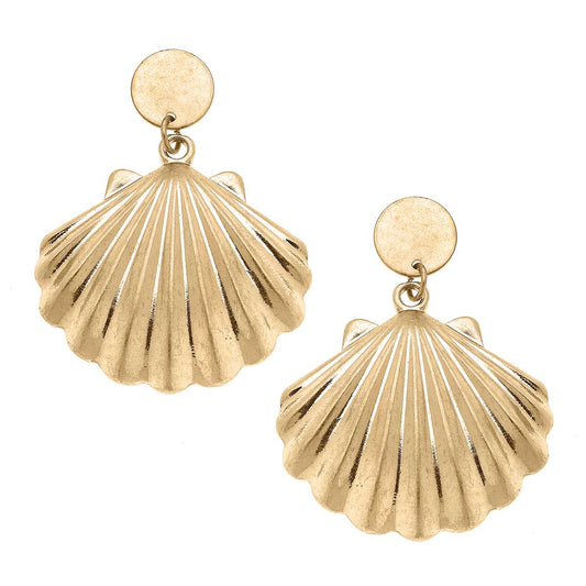 Scallop Shell Statement Earrings in Worn Gold
