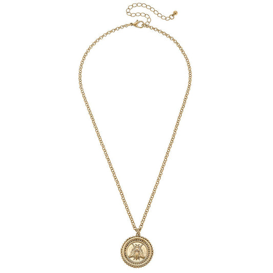 Lizette Bee Medallion Pendant Necklace in Worn Gold