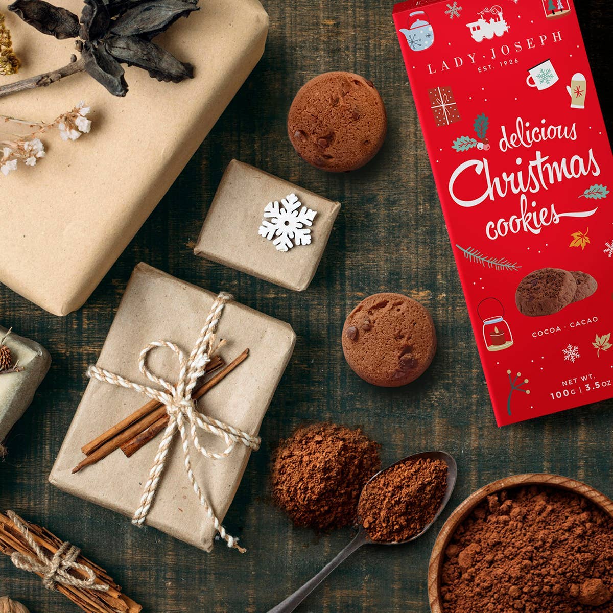 Chocolate Cookies Christmas Edition. Vegan Red Xmas Gift