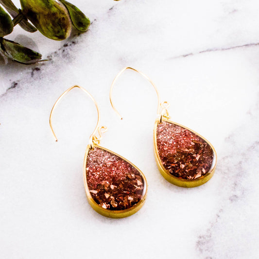 No Man's Land -Blush + Copper Glass Glitter Raindrop Earrings