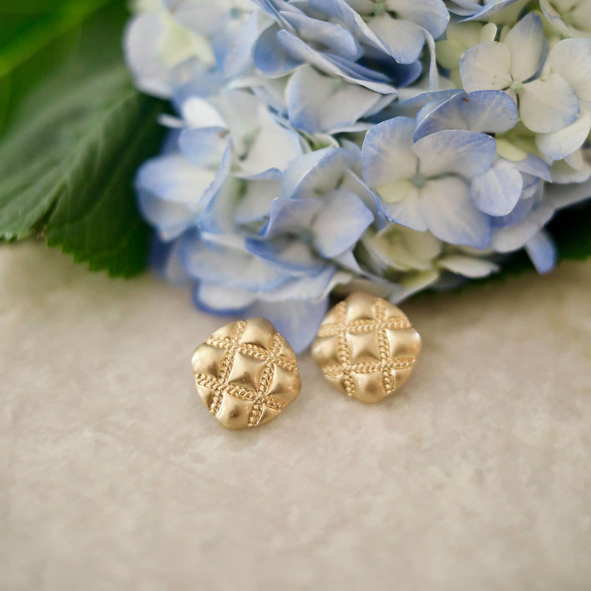 Sunnie Quilted Metal Statement Stud Earrings in Worn Gold
