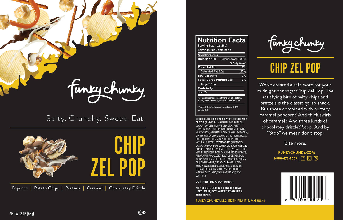 Funky Chunky - Chip Zel Pop | Caramel Popcorn with Chocolate | 2 OZ Bags