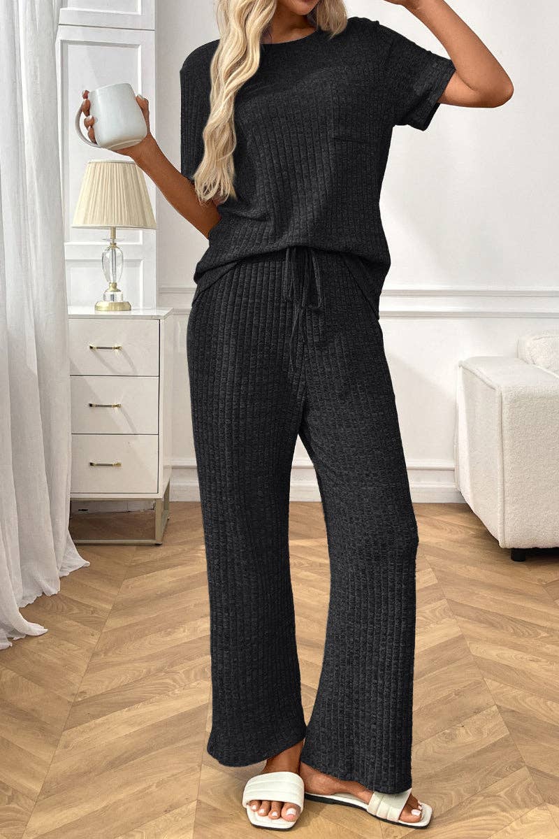 Lovesoft - Ribbed Knit Lounge Set with Short Sleeve Top and Pants