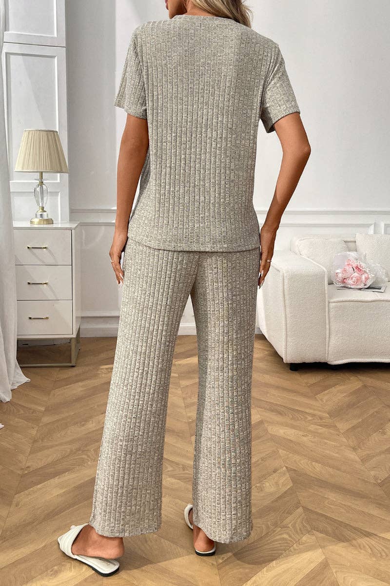 Lovesoft - Ribbed Knit Lounge Set with Short Sleeve Top and Pants