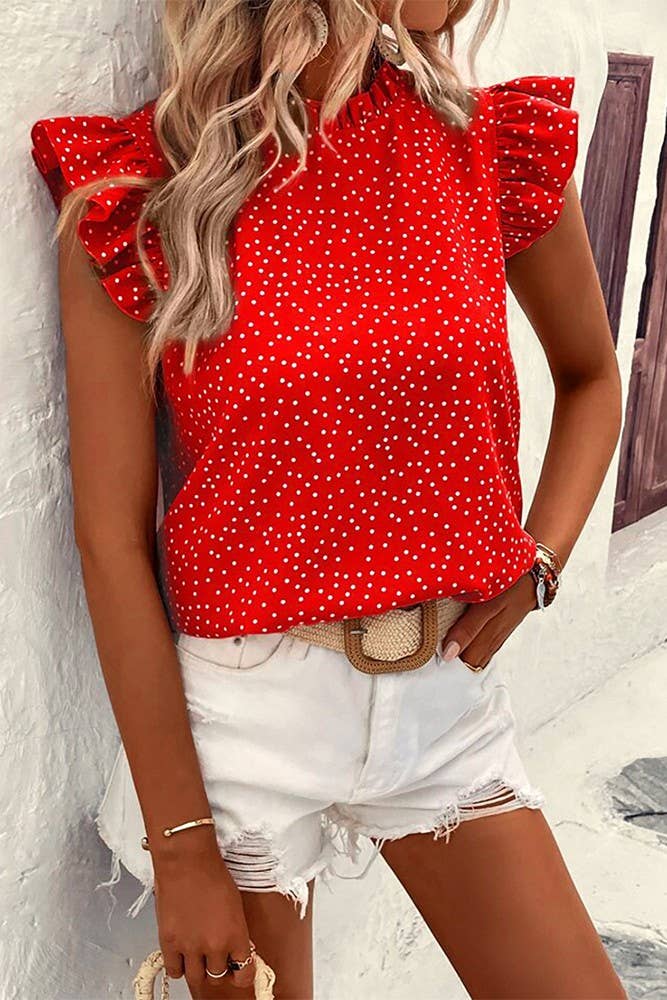 Summer Polka Dot Ruffle Sleeves Round Neck Top GSS107 | Black / L