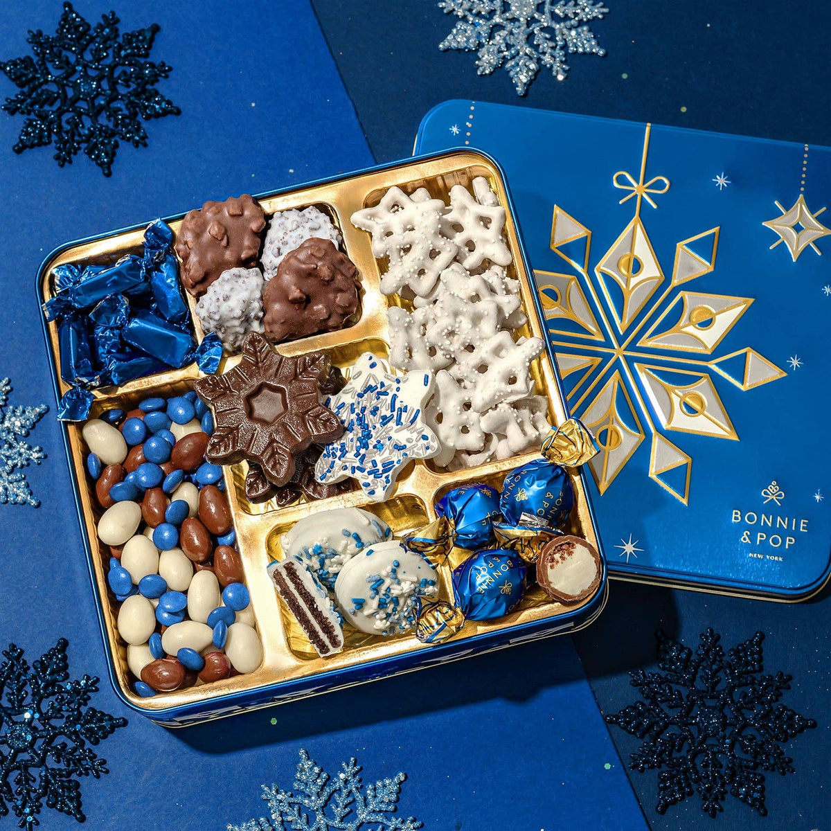 Blue Snowflake Holiday Tin with Gourmet Chocolates, Nuts & Cookies
