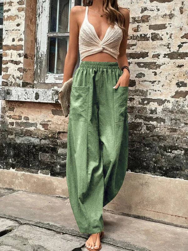 Loose Elasticity Pockets Solid Color Pants