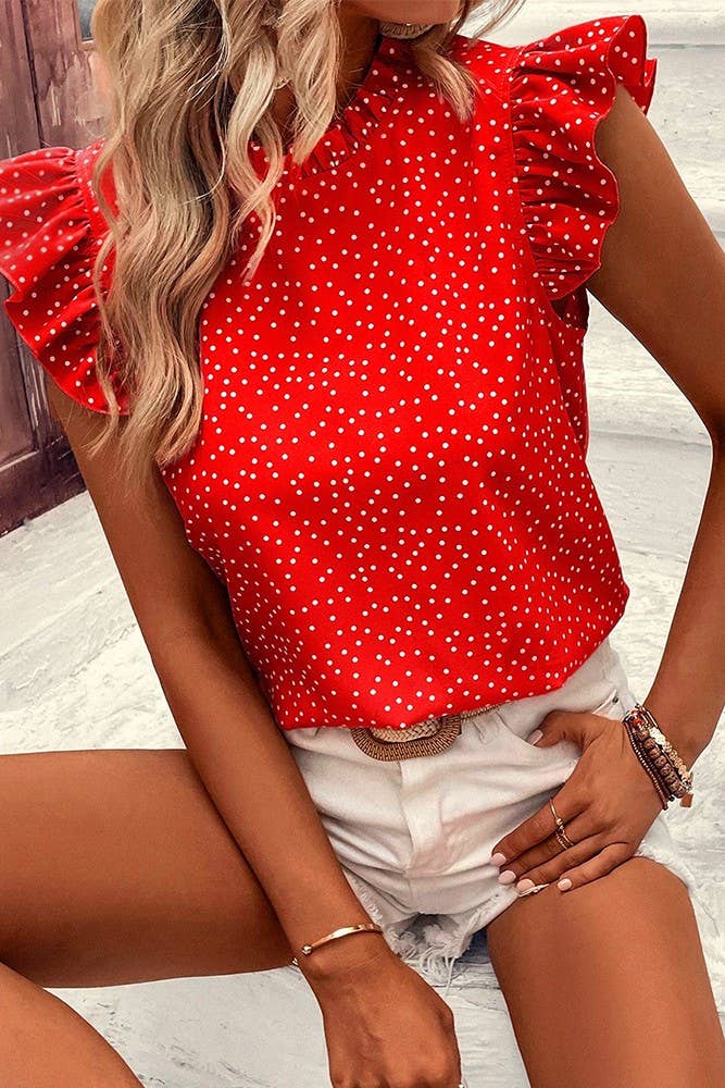 Summer Polka Dot Ruffle Sleeves Round Neck Top GSS107 | Black / L