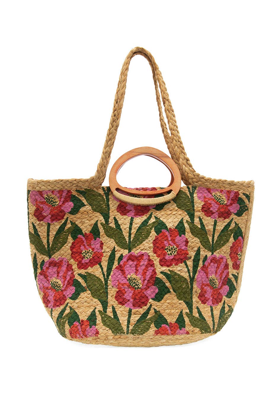 Multi Poppy Painted Nell Wood Handle Jute Tote