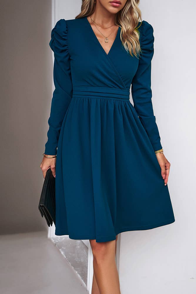 UNISHE - Plain Wrap V Neck Puff Sleeves High Waist Dress DY058: Blue / XL