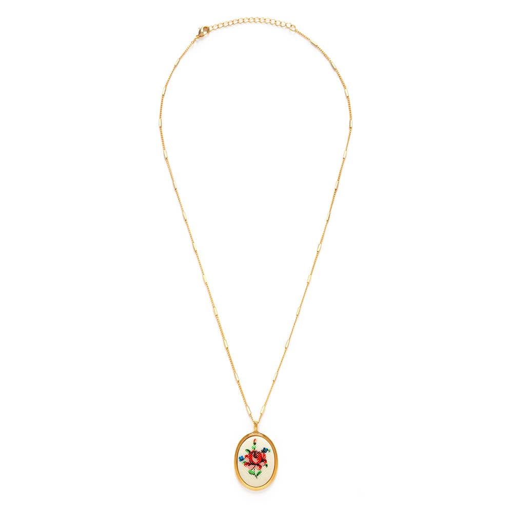 Amano Studio - Needlepoint Pink Flower Vintage Cameo Necklace