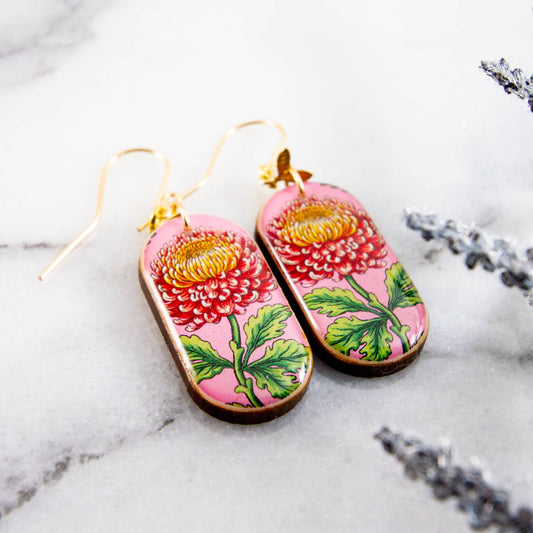 No Man's Land - Pink Chrysanthemum Flower Oblong Earrings