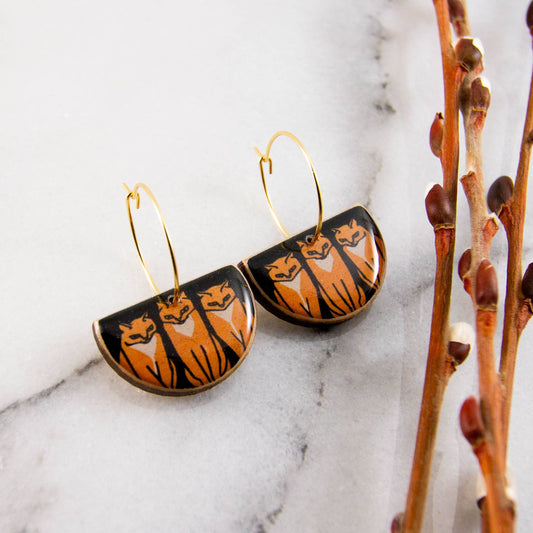 Vintage Orange Cats Drop Hoop Earrings