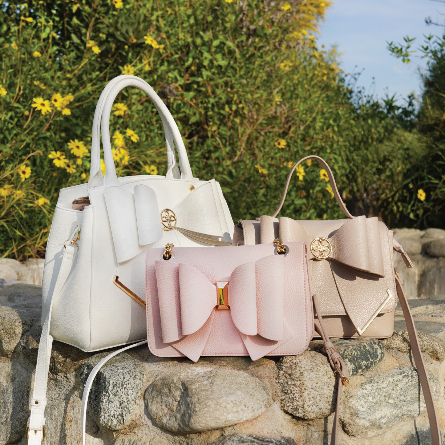 Poppy Bowtie Structured Top Handle Spring Shoulder Bag-  Beige