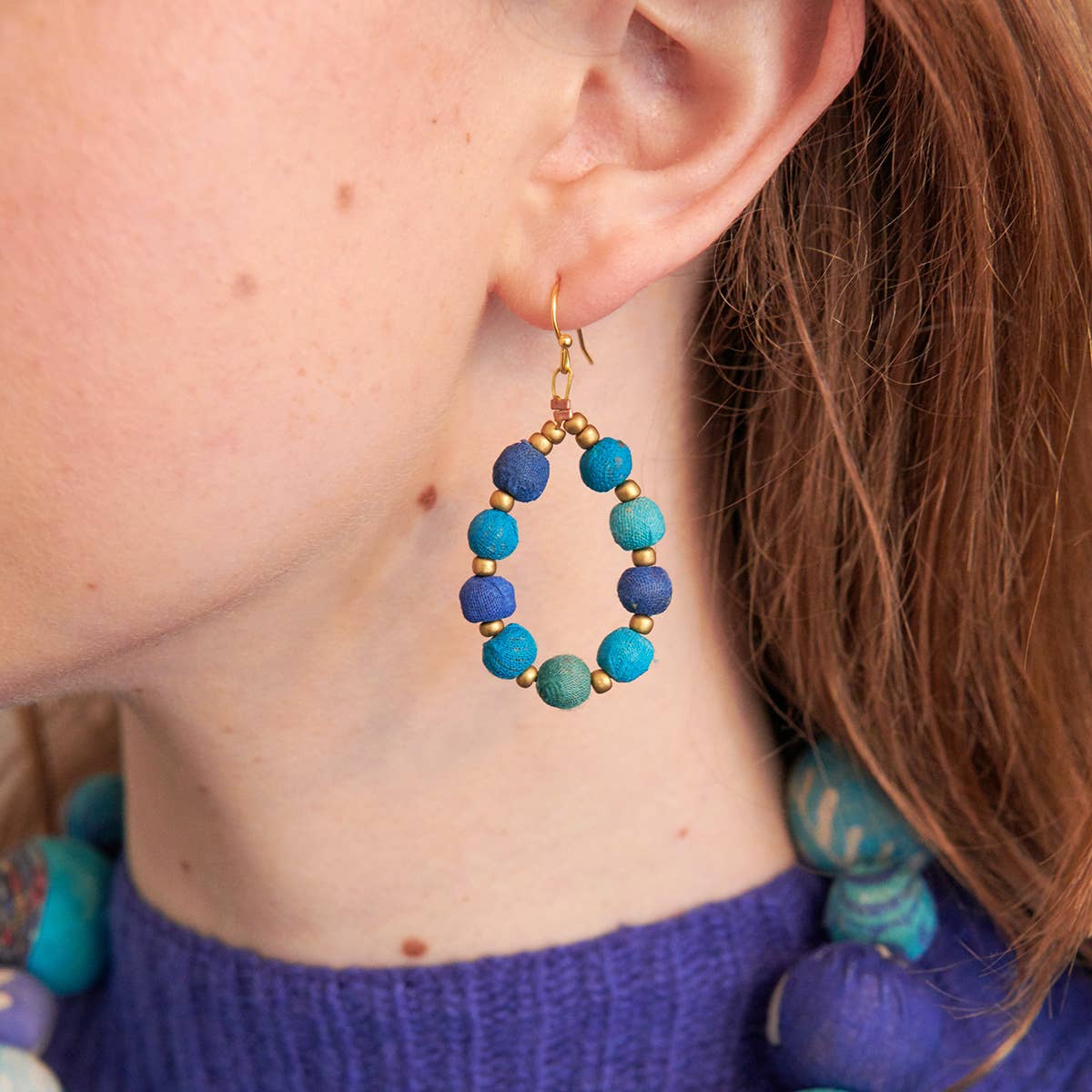 WorldFinds - Kantha Azure Beaded Teardrop Earrings