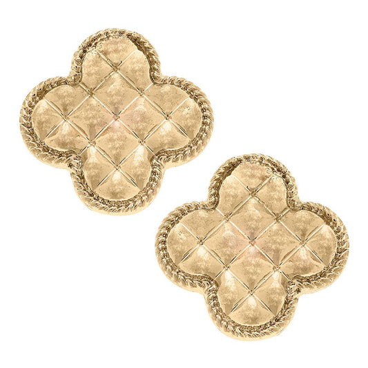 Rue Quilted Metal Clover Statement Stud Earrings in Worn Gold