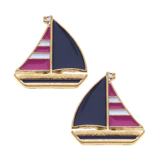 Penny Enamel Sailboat Stud Earrings | Pink & Navy
