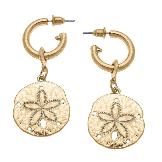 Sand Dollar Drop Hoop Earrings in Worn Gold