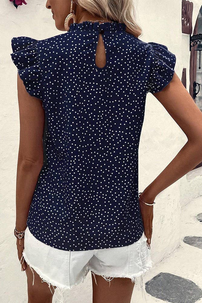 Summer Polka Dot Ruffle Sleeves Round Neck Top GSS107 | Black / L