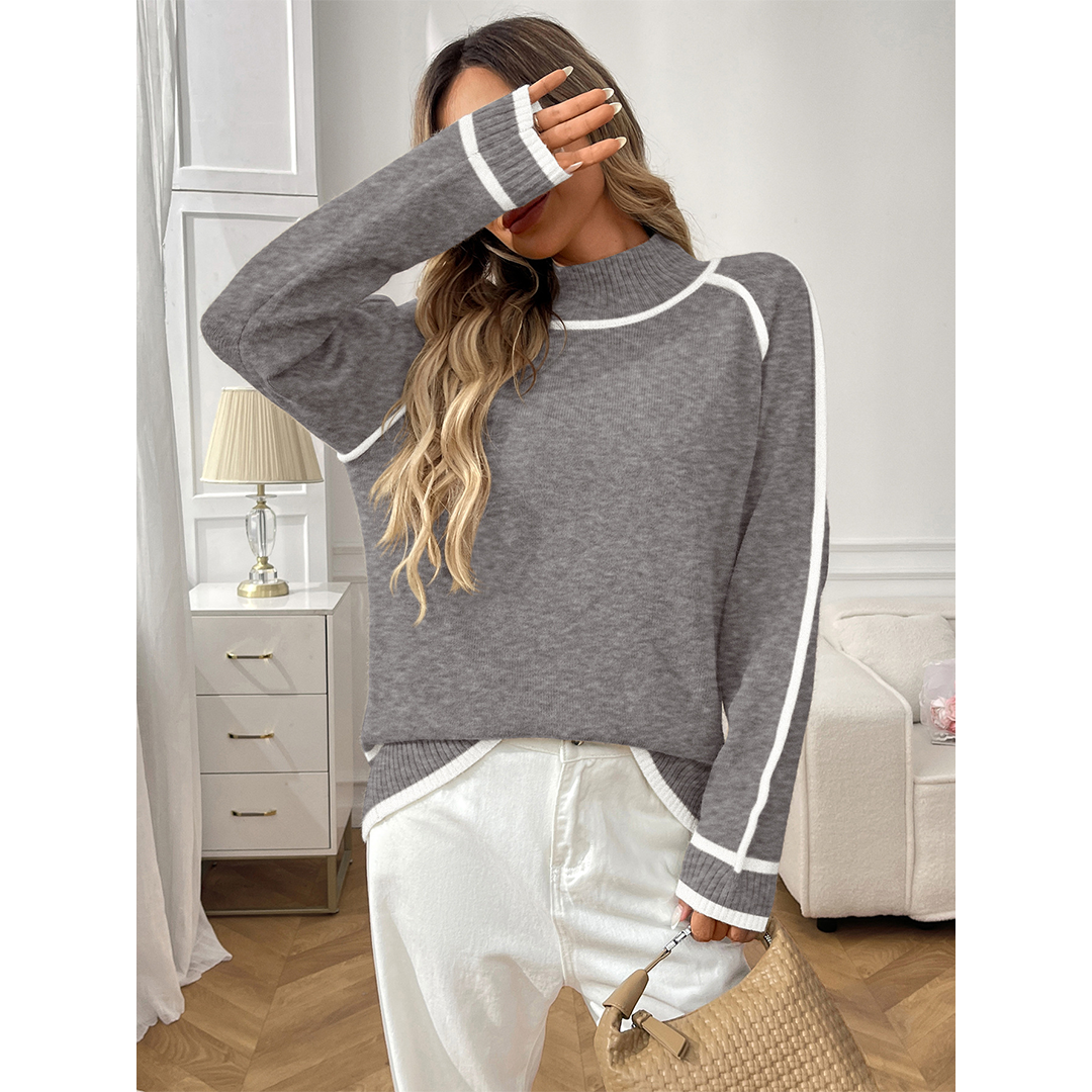 UNISHE - Casual Colorblock Mock Neck Loose Pullover Sweater MD222