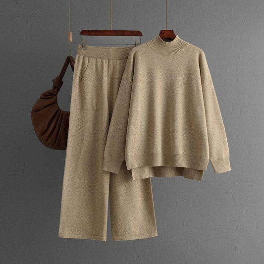 Solid Knit Mock Neck Slit Sweater Pants Set Khaki (One Size)