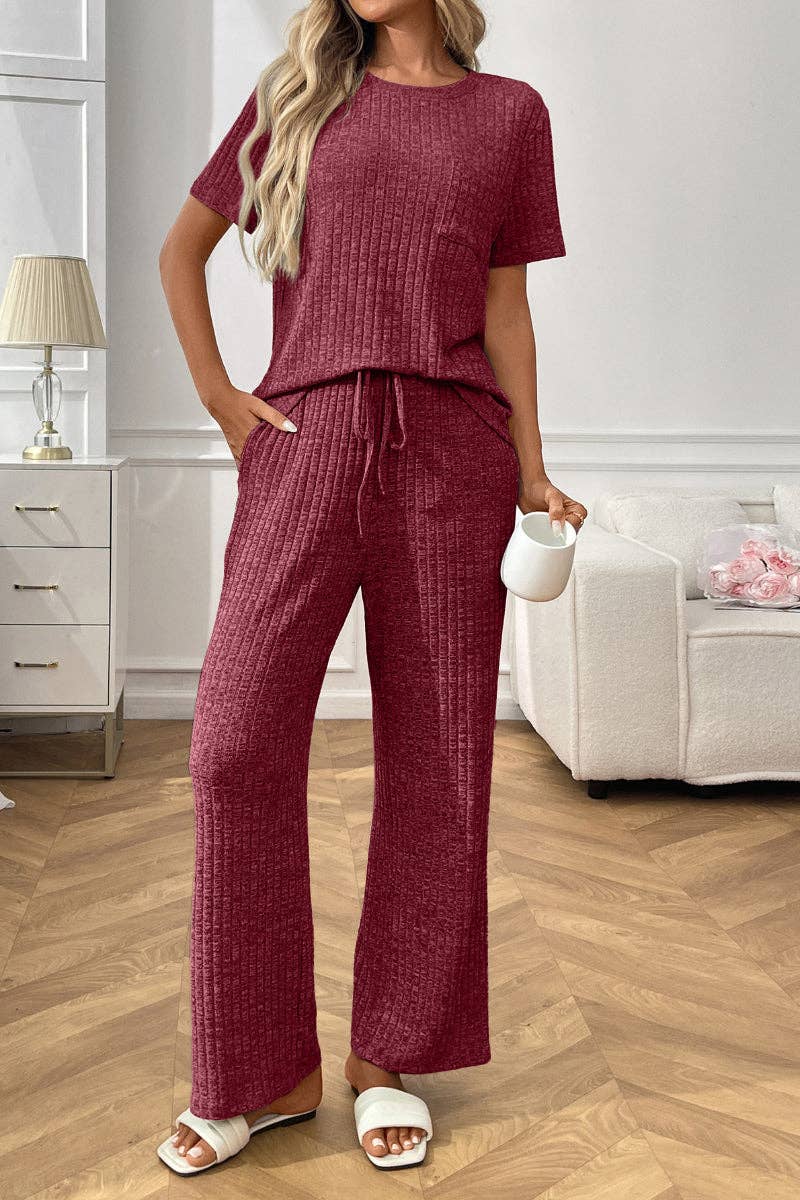 Lovesoft - Ribbed Knit Lounge Set with Short Sleeve Top and Pants