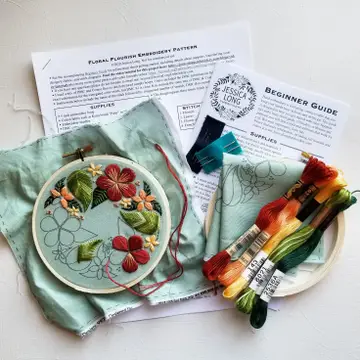 Floral Flourish Beginner Embroidery Kit - Light Taupe Fabric