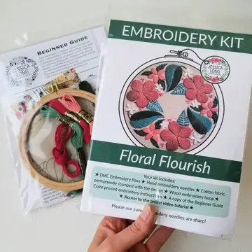 Floral Flourish Beginner Embroidery Kit - Light Taupe Fabric