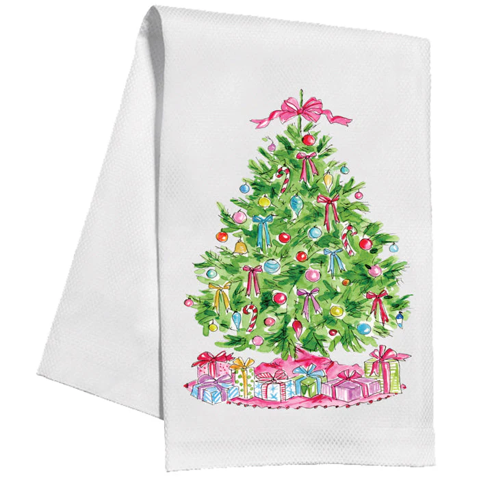 Christmas Tree with Colorful Ornaments and Bows Kitchen Towel