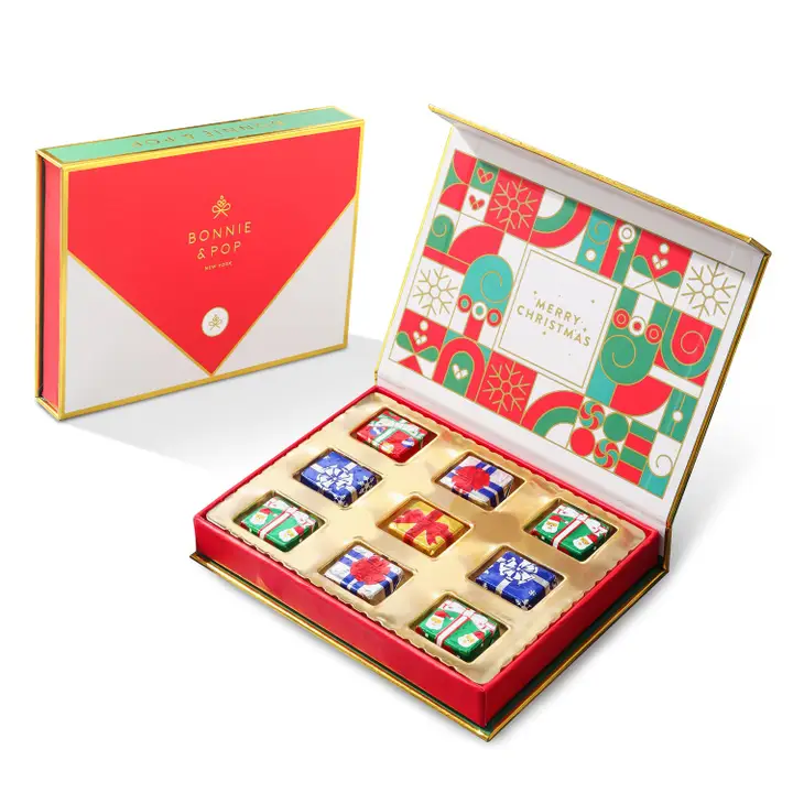 Merry Christmas Holiday Greetings Card with Foiled Chocolate Gift Boxes