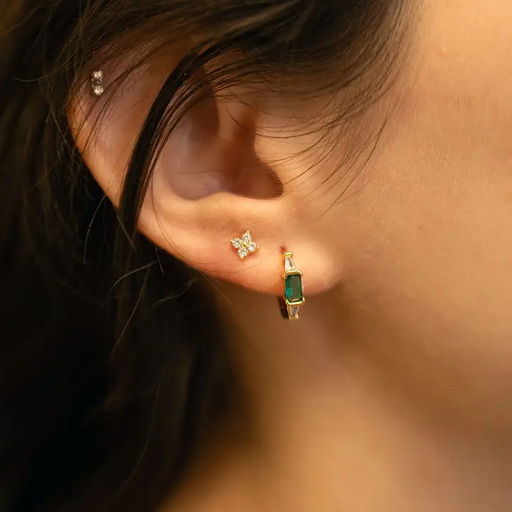 Emerald Green + Crystal Baguette Huggie Hoop Earrings