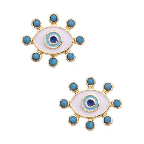 Turquoise Studded Evil Eye Studs in Shiny Gold