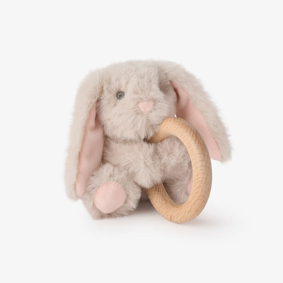 Plush Bunny Wooden Ring Rattle - Taupe