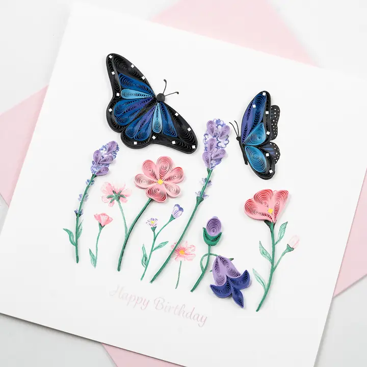 Birthday Flowers & Blue Butterflies Quilling Card